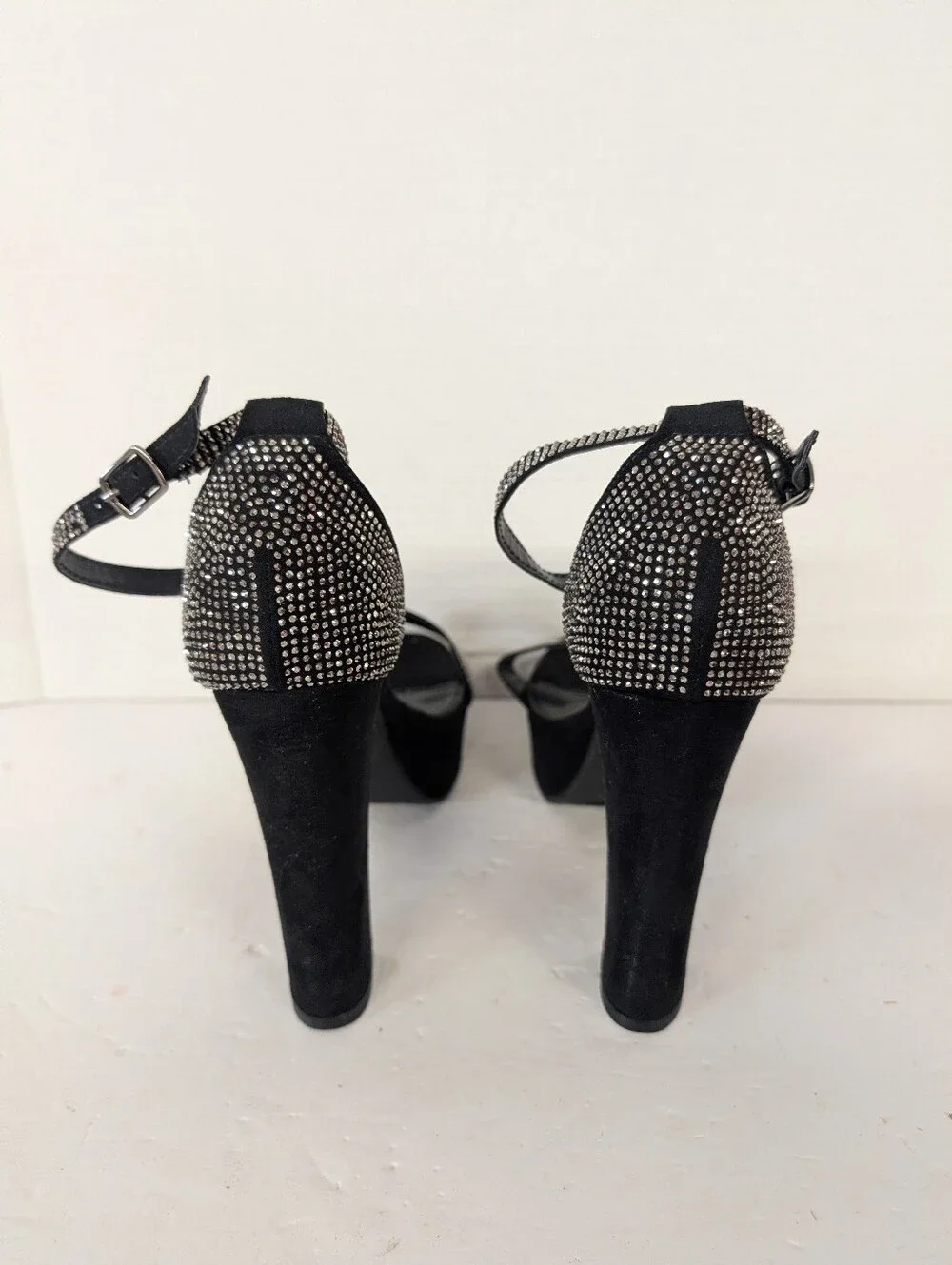 Steven Madden Black Platform Block Heel Sandals with Crystal Accents 7.5
